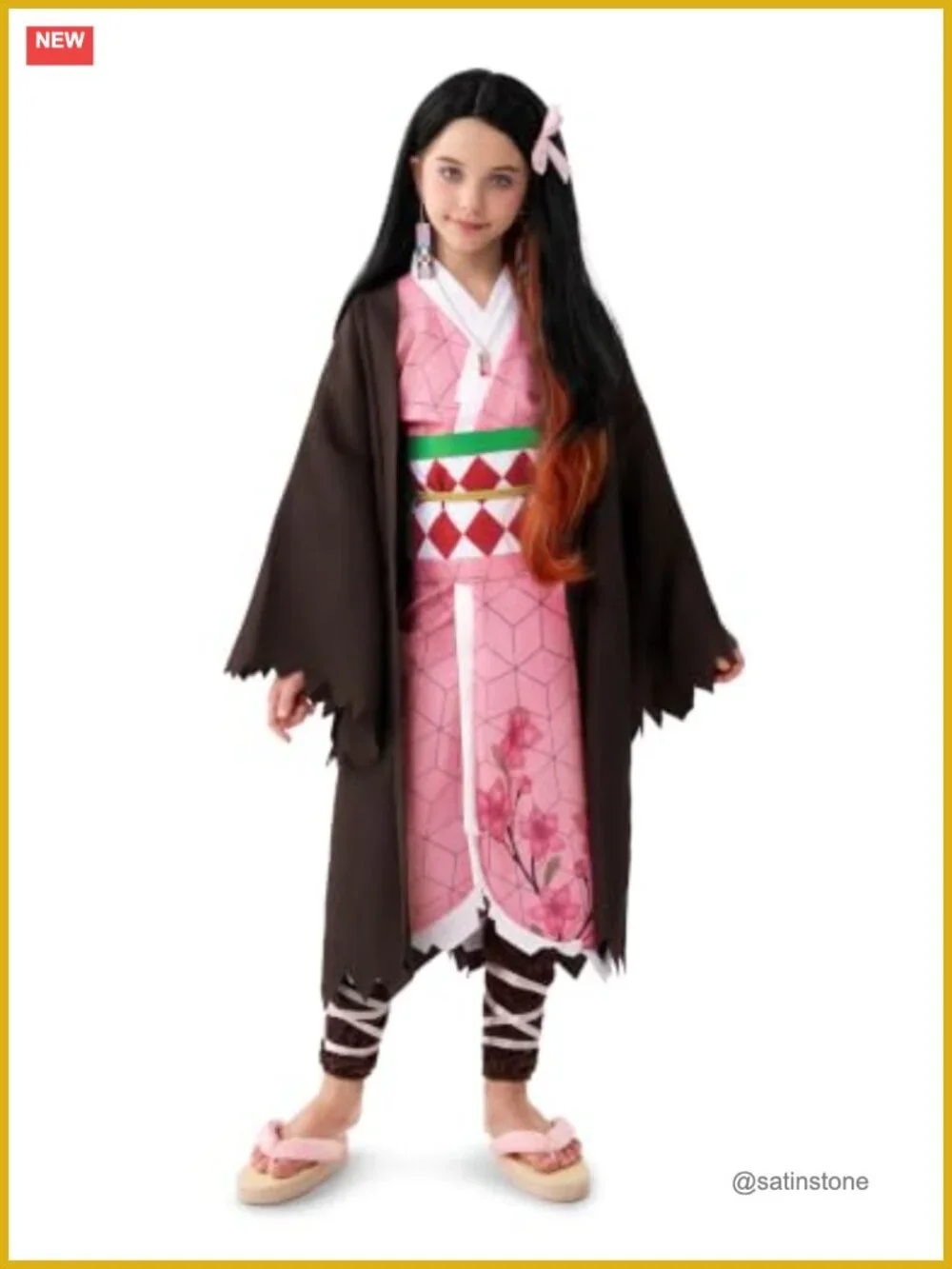 Kids Ninja Kimono Costume Set with Wig, Halloween Cosplay, Polyester, 10-12Y
